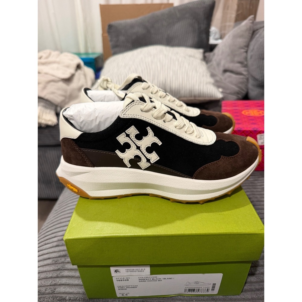 Tory Burch Womens Tory Trainer Suede Sneakers Black Brown Blanc 6.5 169328